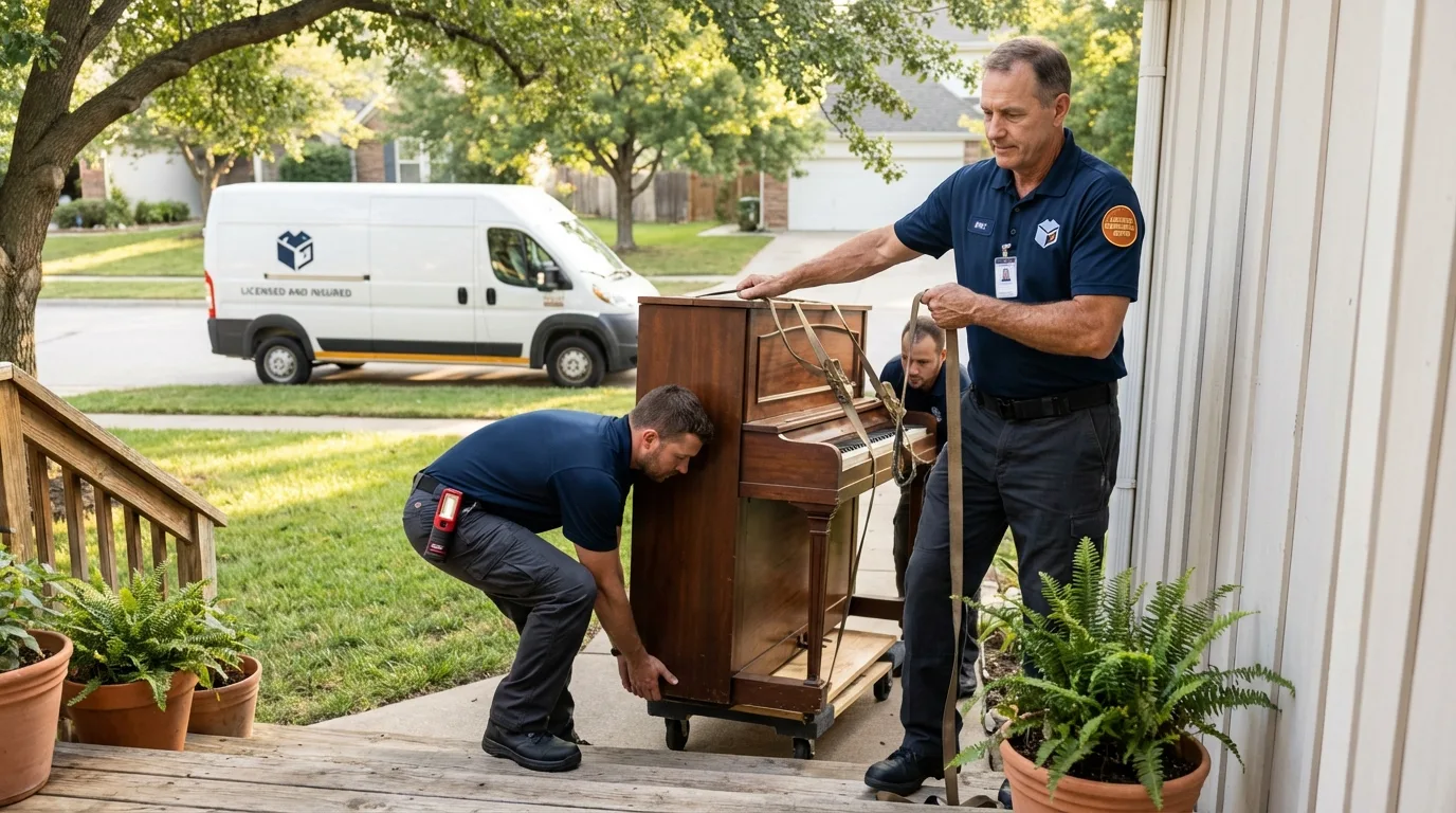 Licensed piano movers securing grand piano in Seaside Heights, NJ
