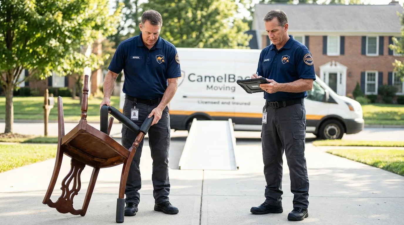 Movers inspecting furniture for damage prevention before loading in Seaside Heights, NJ