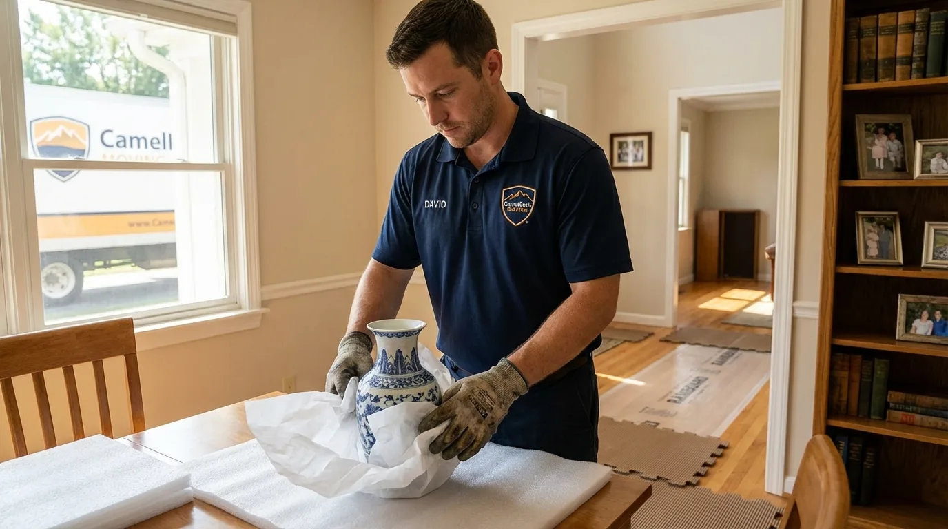 Professional crew carefully wrapping antique vase for senior downsizing move in Seaside Heights, NJ